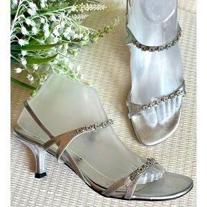 Stuart Weitzman Silver Crystal Strappy Kitten Heel Wedding Sandals 10